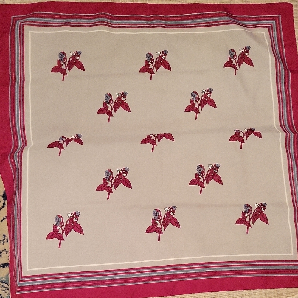 Vintage Blueberry Print Scarf | Red & Gray | 21” x 21” | Square Botanical